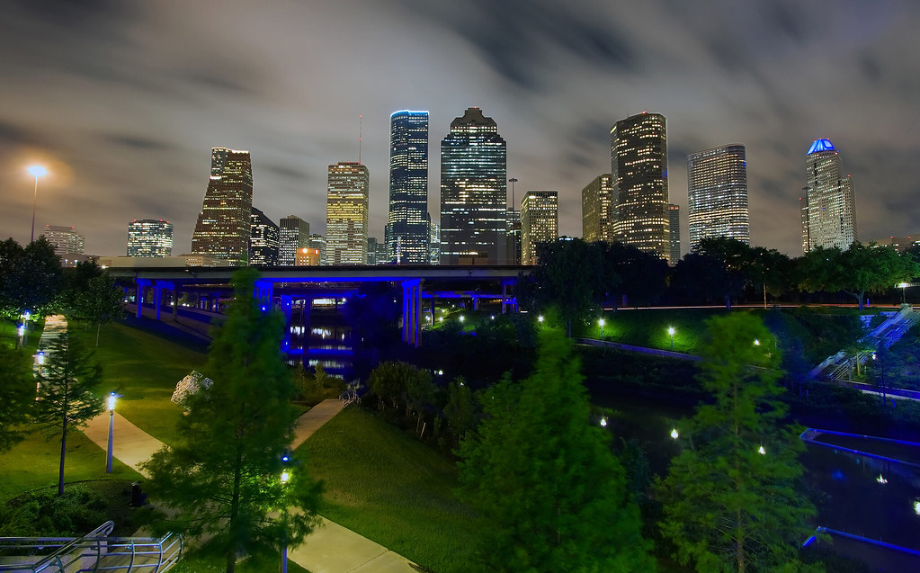 The skyline from Buffalo Bayou — Houston — ship the car, fly home