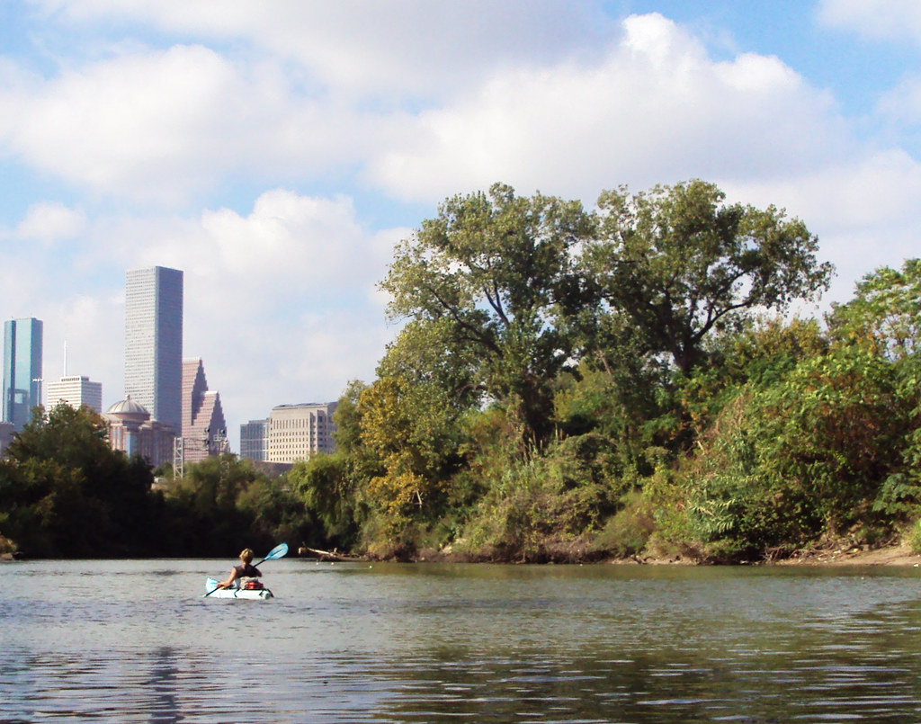 Kayaks on Buffalo Bayou — Houston — ship the car, fly home